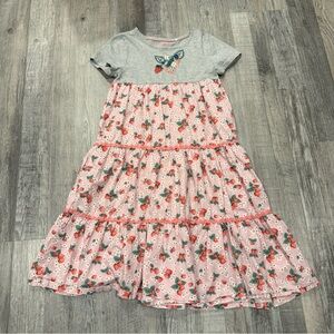 Mini Boden Strawberry Embroidered Tiered Pink and Gray Dress 6-7 yrs